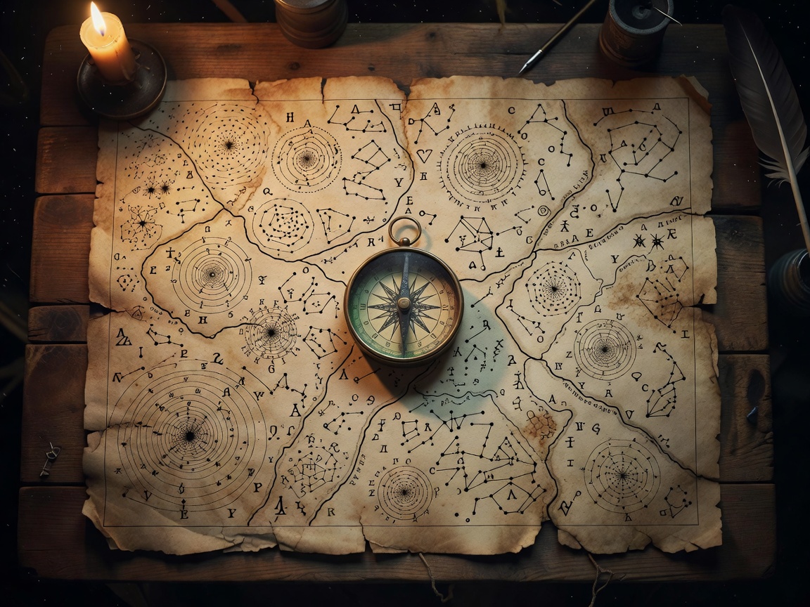 An ancient explorer's navigation map with cryptic symbols and compass
