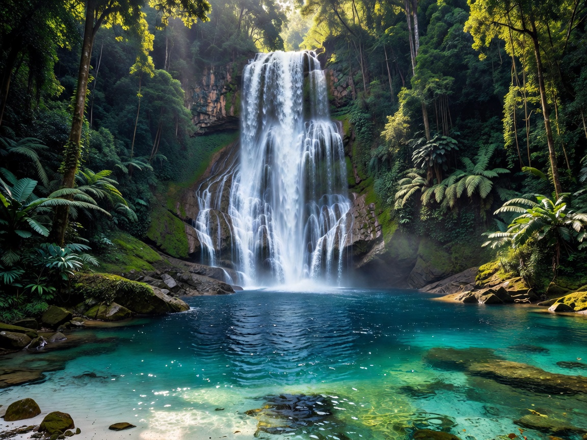 Cascading waterfall splashing into a clear blue jungle lagoon