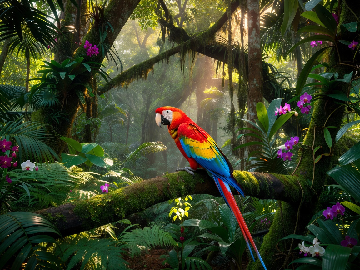 A colorful macaw resting on a mossy branch in the lush rainforest