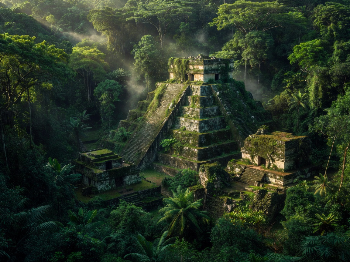 Forgotten Mayan temple ruins emerging from the thick green jungle canopy