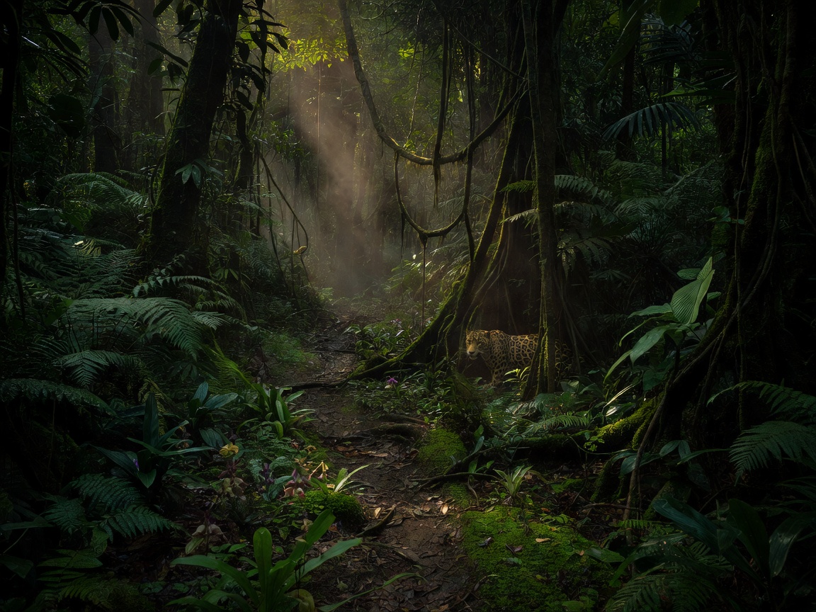 A hidden, overgrown trail winding deep into the shadowy rainforest